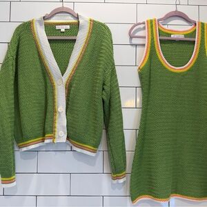 Spiritual Gangster Green Knit Cardigan & Tank Set with Multicolor Trim